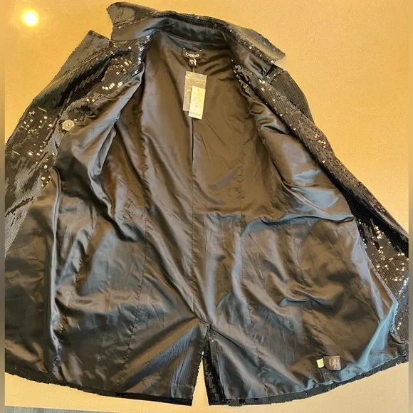 BEBE NWT SEQUIN TRENCH COAT BLACK SHINY TUXEDO COUTURE GALA FORMAL JACKET GLAMOR - Picture 13 of 16